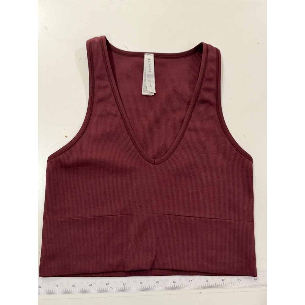 Athleta Aurora Tank Ribbed V-Neck Crop Top Burgundy Red Small S Activewear Yoga - Picture 2 of 6